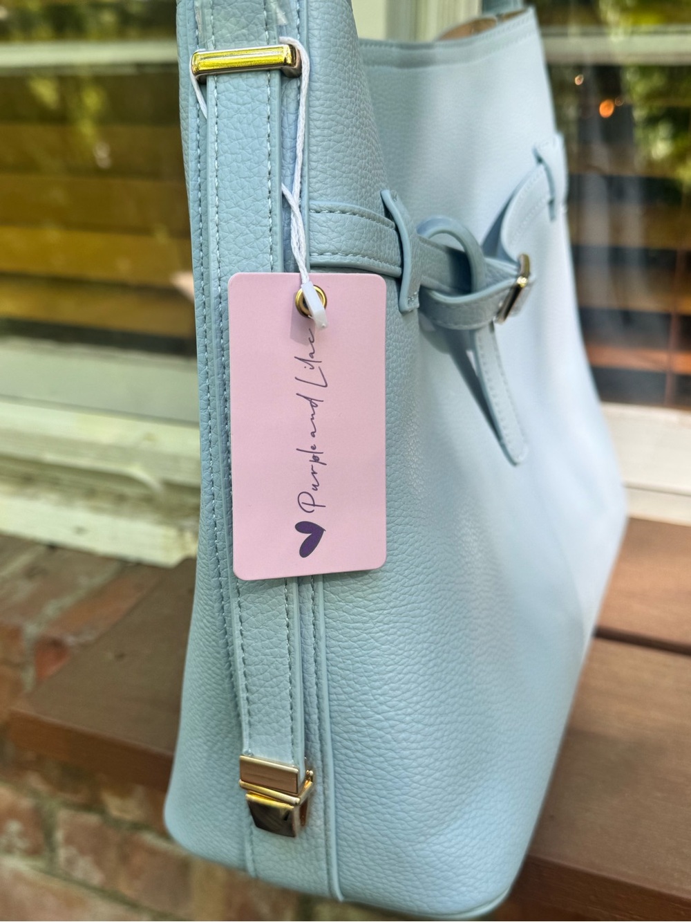 Ello Ice Blue Vegan Leather Bucket Shoulder Bag w/ Belt Detail & Pouch - Picture 9 of 17